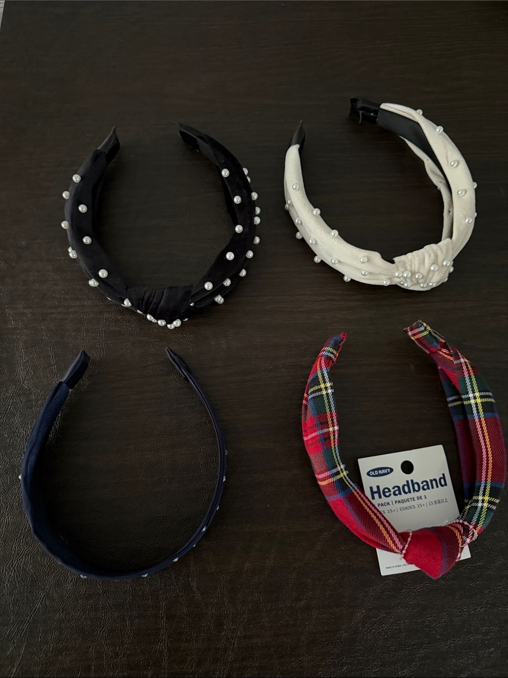 Kids Pearl-Accent Headband Set - Black, White, Navy, Red Plaid